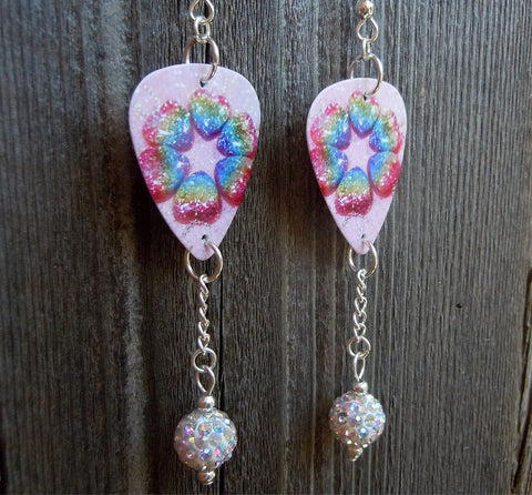 Rainbow Hearts Guitar Pick Earrings with White AB Pave Bead Dangles