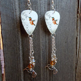 Musical Hummingbird Guitar Pick Earrings with Silver Charm and Swarovski Crystal Dangles