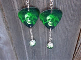 Green Smokey Skull Guitar Pick Earrings with Ombre Pave Bead Dangles