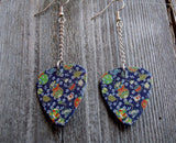Dangling Blue Flowered Guitar Pick Earrings