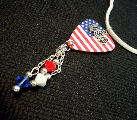 CLEARANCE American Flag Guitar Pick Necklace with USA Charm and Swarovski Crystals on White Suede Cord
