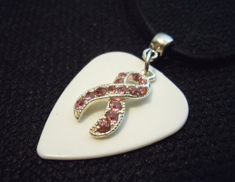Pink Ribbon Crystal Charm on White Guitar Pick Necklace with Black Suede Cord