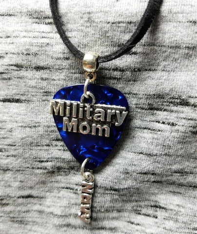 Navy and Military Mom Charm on Blue MOP Guitar Pick Necklace on Black Suede Cord