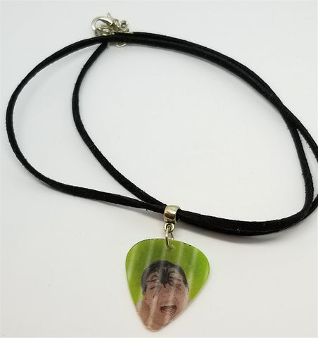 Spider on Face Holographic Guitar Pick on a Black Suede Cord Necklace