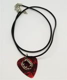 Fang Charm with a Red MOP Guitar Pick on a Rolled Black Leather Cord Necklace