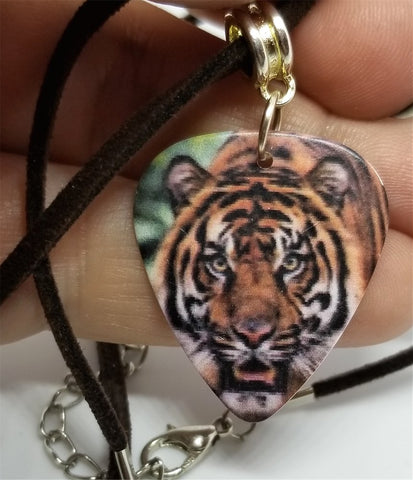 Tiger Guitar Pick Necklace on Brown Suede Cord