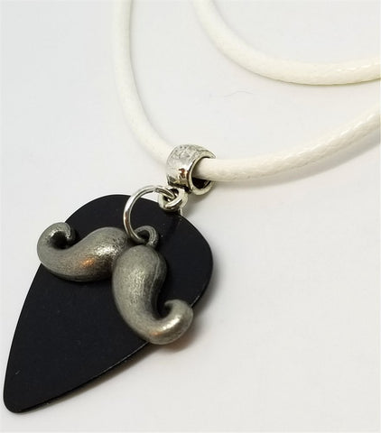 Mustache Charm with a Black Guitar Pick on a White Rolled Cord Necklace