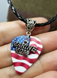 Marine Mom Charm on American Flag Guitar Pick Necklace on Black Braided Cord