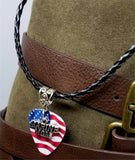 Marine Mom Charm on American Flag Guitar Pick Necklace on Black Braided Cord
