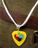 Autism Awareness Heart Charm on Yellow Guitar Pick Necklace on White Suede Cord