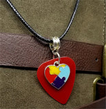 CLEARANCE Autism Awareness Heart Charm on Red Guitar Pick on Rolled Black Cord