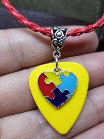 Autism Awareness Heart Charm on Yellow Guitar Pick on Red Braided Leather Cord