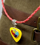 Autism Awareness Heart Charm on Yellow Guitar Pick on Red Braided Leather Cord