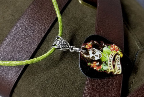 Sugar Skull Woman Guitar Pick on a Green Rolled Cord Necklace