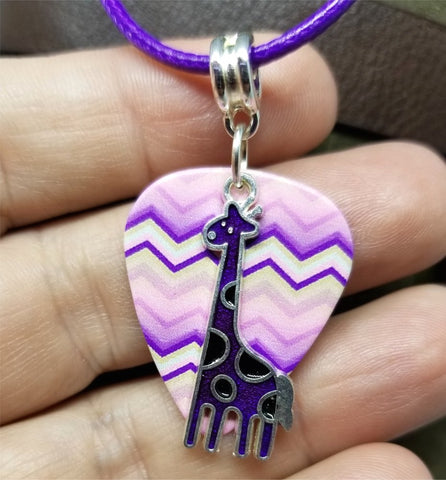 Purple Giraffe Charm with a Chevron Guitar Pick on a Purple Rolled Cord Necklace