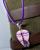 Purple Giraffe Charm with a Chevron Guitar Pick on a Purple Rolled Cord Necklace