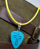 Cross Cut Out Blue Guitar Pick Necklace on Yellow Rolled Cord