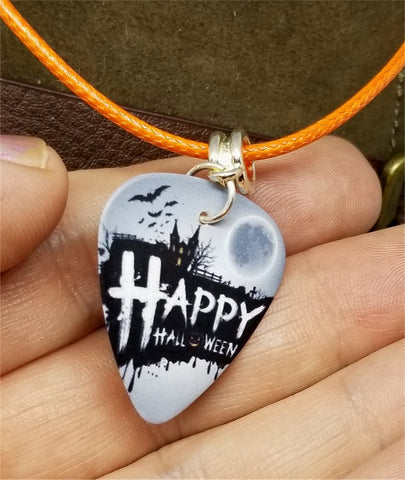 Happy Halloween Haunted House Guitar Pick Necklace on Rolled Orange Cord