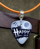 Happy Halloween Haunted House Guitar Pick Necklace on Rolled Orange Cord