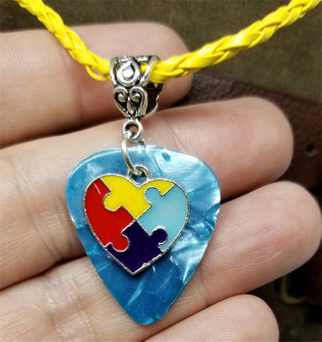 Autism Awareness Heart Charm on Aqua Guitar Pick Necklace on Yellow Braided Leather Cord