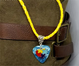 Autism Awareness Heart Charm on Aqua Guitar Pick Necklace on Yellow Braided Leather Cord