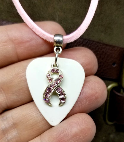 Pink Ribbon Crystal Charm on White Guitar Pick Necklace with Pink Suede Cord