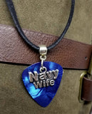 Navy Wife Charm on Blue MOP Guitar Pick Necklace on Black Suede Cord