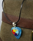 Autism Awareness Heart Charm on Aqua Guitar Pick Necklace on Black Rolled Cord
