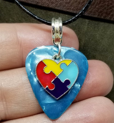 Autism Awareness Heart Charm on Aqua Guitar Pick Necklace on Black Rolled Cord