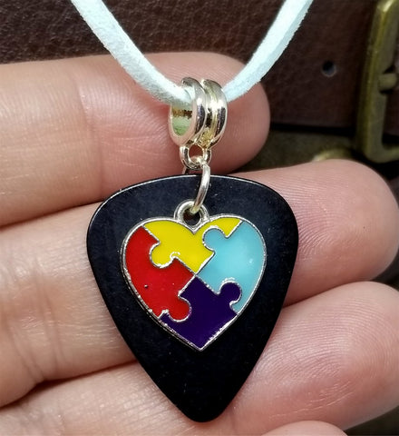 Autism Awareness Heart Charm on Black Guitar Pick Necklace with Light Blue Suede Cord