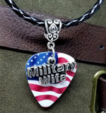 Military Wife Charm on American Flag Guitar Pick Necklace on Black Braided Cord