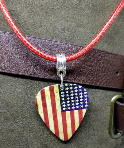 American Flag Distressed Guitar Pick Necklace with Rolled Red Cord