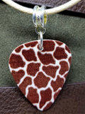 Giraffe Print Guitar Pick Necklace on Tan Rolled Cord