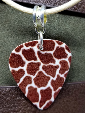 Giraffe Print Guitar Pick Necklace on Tan Rolled Cord