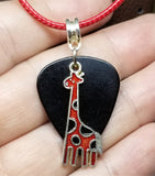 Red Giraffe Charm with a Black Guitar Pick on a Red Rolled Cord Necklace