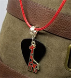 Red Giraffe Charm with a Black Guitar Pick on a Red Rolled Cord Necklace