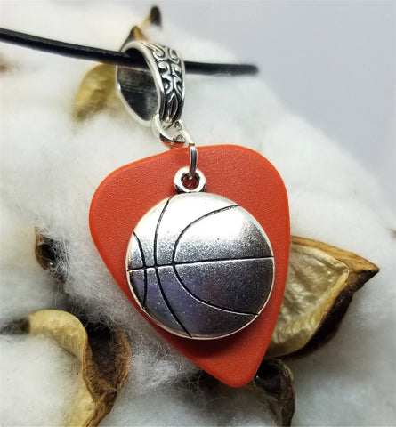 Basketball Charm on a Burnt Orange Guitar Pick with a Black Rolled Cord Necklace