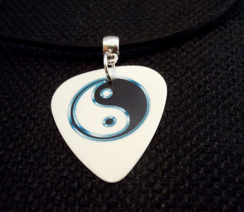Yin and Yang White Guitar Pick Necklace on Black Suede Cord