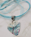 Dragonfly Guitar Pick on a Blue Ribbon Cord Necklace