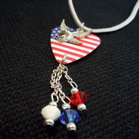 CLEARANCE American Flag Guitar Pick Necklace with Eagle Charm and Swarovski Crystals on White Suede Cord