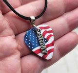 Army Charm on American Flag Guitar Pick Necklace on Black Suede Cord