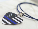 American Flag Blue Line Police Awareness Guitar Pick Necklace on Rolled Blue Cord