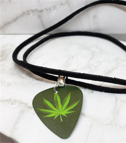 Marijuana Leaf Guitar Pick Necklace on Black Suede Cord