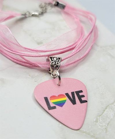 Pride Love Guitar Pick Necklace on a Pink Cord Ribbon