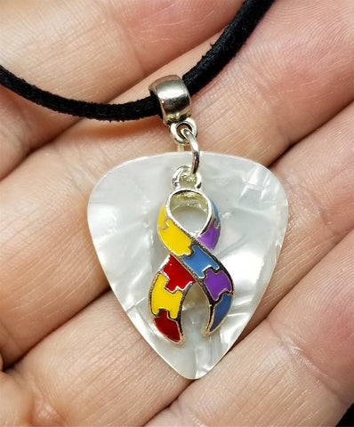 Autism Awareness Ribbon Charm on White MOP Guitar Pick Necklace on Black Suede Cord