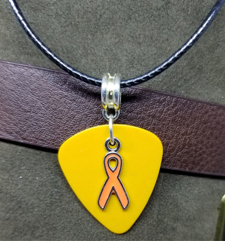 Orange Ribbon Charm on Orange Guitar Pick Necklace with Black Cord