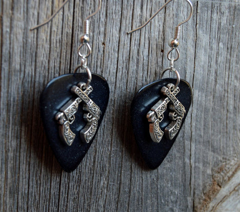 CLEARANCE Crossed Ornate Guns Charms Guitar Pick Earrings - Pick Your Color