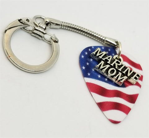 Marine Mom Charm on American Flag Guitar Pick Keychain