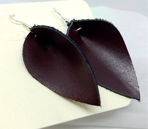 Shiny Finish Brown Leather Leaf Earrings