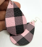 Soft Leather Pink and Black Plaid Teardrop Earrings